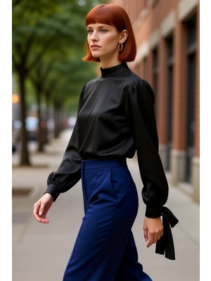 PayBuy Zarif Bağlama Detaylı Dik Yaka Saten Bluz Kadın Giyim Kaliteli Şık Rahat Modern Zarif Günlük