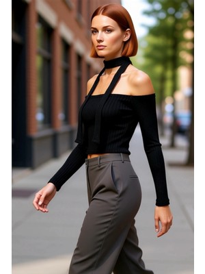 PayBuy Kadın Bordo Örmecarmen Yaka Düşük Kol Crop Bluz Polyester Kaşkorse Dokusuyla Kış Sezonuna Uygun