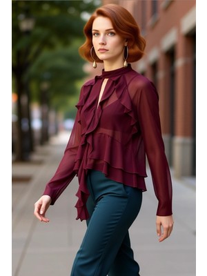 PayBuy Kadın Şık Fırfırlı Yüksek Yaka Uzun Kollu Dokuma Bluz Kaliteli Şık Rahat Modern Zarif