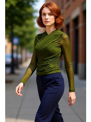 PayBuy Kadın Kruvaze Yaka Büzgülü Tül Kaliteli Şık Rahat Modern Zarif Günlük