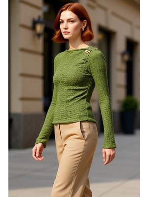 PayBuy Kadın Asimetrik Yaka Dokulu Uzun Kollu Vücuda Oturan Esnek Örme Kaliteli Şık Rahat Modern