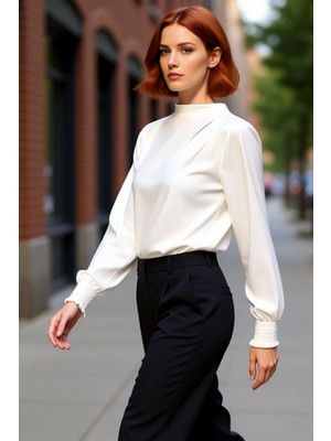 PayBuy Kadın Dik Yaka Regular Fit Esnek Örme Bluz Gipe Kol Detaylı Smart Business Tarzı Klasik Kışlık