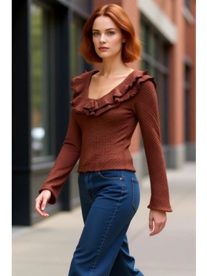 PayBuy Kadın Gofre Dokulu Fırfır Detaylı Vücuda Oturan Uzun Kollu Örme Kaliteli Şık Rahat