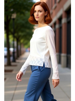 PayBuy Kadın Kayık Yaka Dantel Detaylı Uzun Kollu Esnek Örme Kaliteli Şık Rahat Modern