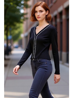 PayBuy Kadın V Yaka Düğmeli Fitilli Uzun Kollu Örme Kaliteli Şık Rahat Modern Zarif Günlük