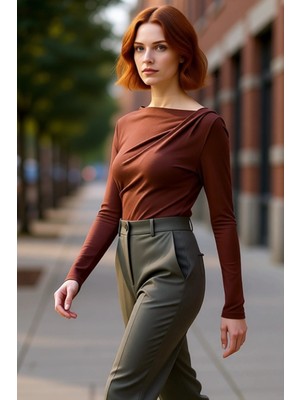 PayBuy Kadın Asimetrik Yaka Büzgülü Vücuda Oturan Uzun Kollu Örme Kaliteli Şık Rahat Modern Zarif