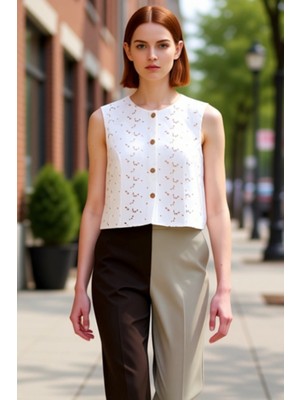 PayBuy Kadın Kolsuz Brode Detaylı Dokuma Yelek Bluz Kaliteli Şık Rahat Modern Zarif Günlük