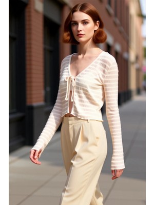 PayBuy Kadın Dokulu V Yaka Bağlama Detaylı Esnek Örme Crop Kaliteli Şık Rahat Modern Zarif Günlük