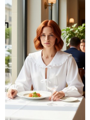 FRM Kadın Fırfırlı Bebe Yaka Bağlama Detaylı Dokuma Gömlek Modern ve Şık Görünüm Fonksiyonel Spor