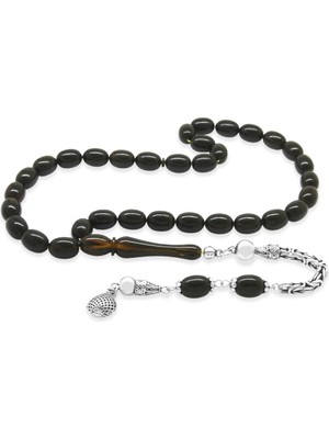 Tesbihane 925 Ayar Gümüş Kral Zincir Püsküllü Sülün Imame Beyzi Kesim Siyah - Sarı Hareli Katalin Tesbih