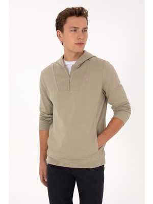 U.S. Polo Assn. Erkek Regular Fit Yarım Fermuarlı Kapüşonlu Açık Haki Sweatshirt 50316391-VR183