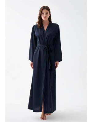 Çamaşır Kenti Kadın Uzun Lacivert Saten Sabahlık