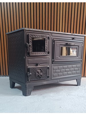Flame Stove Mat Siyah 40'lık Döküm Tuğlalı Kuzineli Emaye Soba (Camlı)