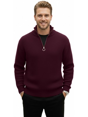 DeepSEA Erkek Bordo Yarım Fermuarlı Oversize Kesim Triko Kazak – Yumuşak Dokulu Örgü Kazak 2608511