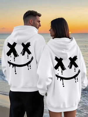 NEVERMIND Nevermind Sevgili Çift Kombin Gülümseme Baskılı Renk Kapüşonlu Sweatshirt 2li Set Takım 3 İplik Pamuk