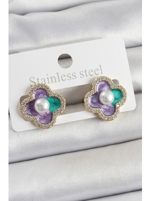 Getittir Pirinç Mor Mineli Inci Detaylı Zirkon Taşlı Sanatsal Portre Yonca Model Gold Renk Kadın Küpe - Lisinya