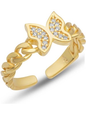 Gumush Hk Gümüş Kadın Yüzük Ayarlanabilir Gold Kelebek |Gümüş Takı Hediyelik Ürünler