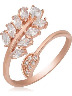 Gumush Hk Gümüş Kadın Yüzük Rose Ayarlanabilir Beyaz Taşlı Yaprak |Gümüş Takı Hediyelik Ürünler