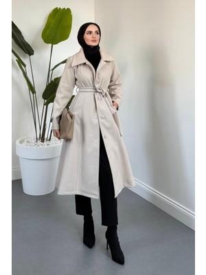 Merven Akyüz Evelyn Astarlı Düğmeli Kaşe Kaban Krem