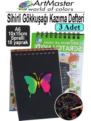 ArtMaster Gökkuşağı Kazıma Defteri Sihirli A6 10X15 cm 3 Paket 10 Sayfa Spiralli Scratch Note Spralli Siyah Sihirli Resim Defteri