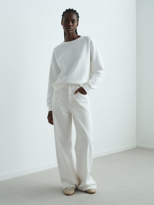 LTB Uzun Kollu Sıfır Yaka Slogan Baskılı Beyaz Sweatshırt