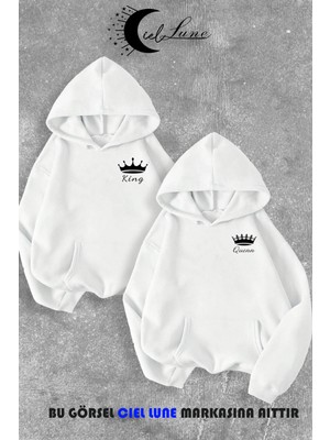 NEVERMIND Sevgili Çift Kombin King And Queen Baskılı Özel Tasarım Kapüşonlu Sweatshirt 2li Set Takım