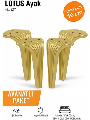 İmt Aksesuar Lotus 16 cm Altın (4 Adet) Mobilya Koltuk Yatak Odası Tv Ünitesi Konsol ve Sehpa Ofis Mobilyası Ayağı