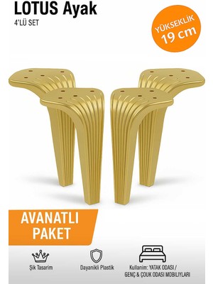 İmt Aksesuar Lotus 19 cm Altın (4 Adet) Mobilya Koltuk Yatak Odası Tv Ünitesi Konsol ve Sehpa Ofis Mobilyası Ayağı 19 cm