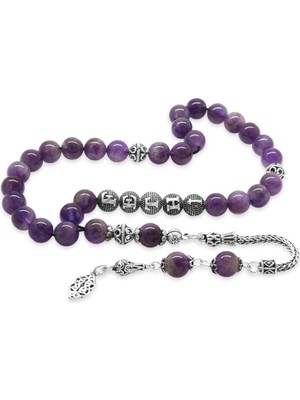 Tesbihane 925 Ayar Gümüş Püsküllü Küre Kesim Isim Yazılı Hareli Ametist Doğaltaş Tesbih