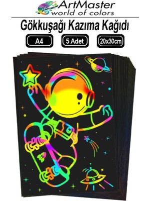 ArtMaster Gökkuşağı Kazıma Kağıdı Sihirli A4 5 Yaprak 1 Paket 20X30 cm Sihirli Kazıma Kağıt Siyah Rainbow Paper Resim