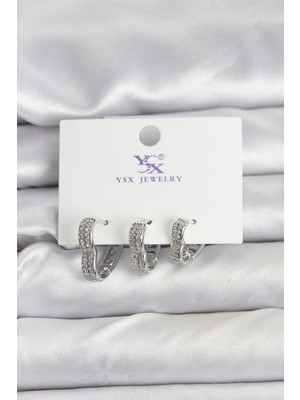 Mey İthalat Bfs Gümüş Renk Pirinç Zirkon Taşlı Kalpli Kadın Küpe