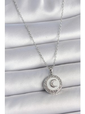 Getittir 316L Çelik Gümüş Renk Zincir Beyaz Mineli Hilal Işlemeli Madalyon Model Kadın Kolye - Lisinya