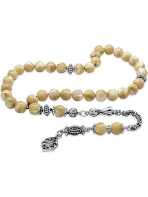 Tesbihane Kararmaz Metal Arnavut Zincir Püsküllü Küre Kesim Sarı Sedef Doğaltaş Tesbih