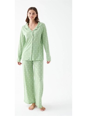 Çamaşır Kenti Kadın Yeşil Kalp Desenli Düğmeli Pamuklu Pijama Takımı