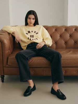 LTB Uzun Kollu Sıfır Yaka Slogan Baskılı Krem Sweatshırt