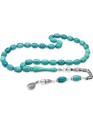 Tesbihane 925 Ayar Gümüş Kral Zincir Püsküllü Sülün Imame Beyzi Kesim Turkuaz - Beyaz Hareli Katalin Tesbih