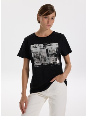 Fabrika Bisiklet Yaka Varaklı Siyah Kadın T-Shirt F5WL-TST0238