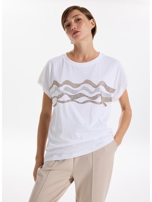 Fabrika Bisiklet Yaka Taşlı Beyaz Kadın T-Shirt F5WL-TST0249