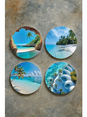 Nurdic Ev Dekor Oval Pleksi Bardak Altlığı Temalı Desenli 4'lü Set Maldives