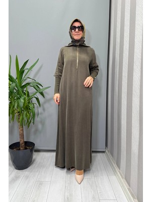 Miss Dalida Fermuar ve Triko Detaylı Cupro Elbise Haki T26K-4006