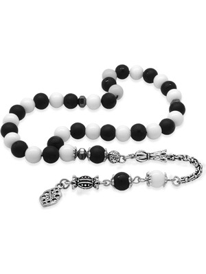 Tesbihane Kararmaz Metal Arnavut Püskül Küre Kesim Siyah Beyaz Jade Ayyıldız Oniks Doğaltaş Taraftar Tesbih M2