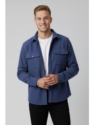 Deepsea Mavi Cepli Likralı Kadife Kumaş Rahat Kesim Erkek Gömlek – Yumuşak Dokulu, Şık Tasarım Gömlek 2600759