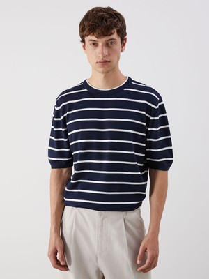 Lc Waikiki Yeni Sezon Bisiklet Yaka Kısa Kollu Çizgili Erkek Triko Kazak