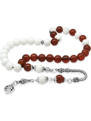 Tesbihane 925 Ayar Gümüş Püsküllü Küre Kesim Kırmızı Beyaz Jade Akik Doğaltaş Taraftar Tesbih