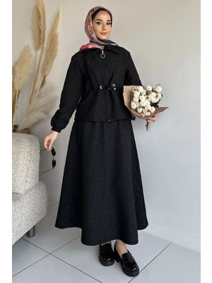 Julude Kendinden Desenli Ceket Bel Lastikli Etek Tesettür Ikili Takım P-00019040