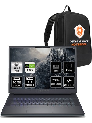 Dell Alienware 16 Area-51 Intel Core Ultra 9 275HX 40GB 4tb+4tb SSD RTX5090/24GB 175W 16" Qhd+ 240Hz Fdos Taşınabilir Bilgisayar & Per4 Çanta AA16250U932190WP334