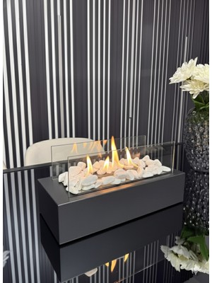 Premium Metal Masaüstü Şömine - Antrasit / Sertifikalı Yakıt ve Dekoratif Taş Hediyeli