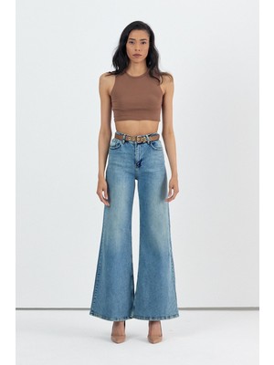 Whatsup Geniş Paça Baggy Kadın Jean Pantolon  - Mavi Mavi - 28