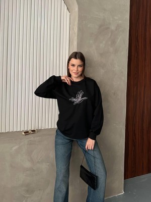 Kuş Logo Taş Detaylı Oversize Siyah Sweatshirt