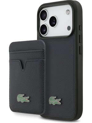 iPhone 17 Pro Kılıf Lacoste Lisanslı M-Safeli Pu Pike Desenli Metal Logolu Kartlıklı Kapak Lacivert